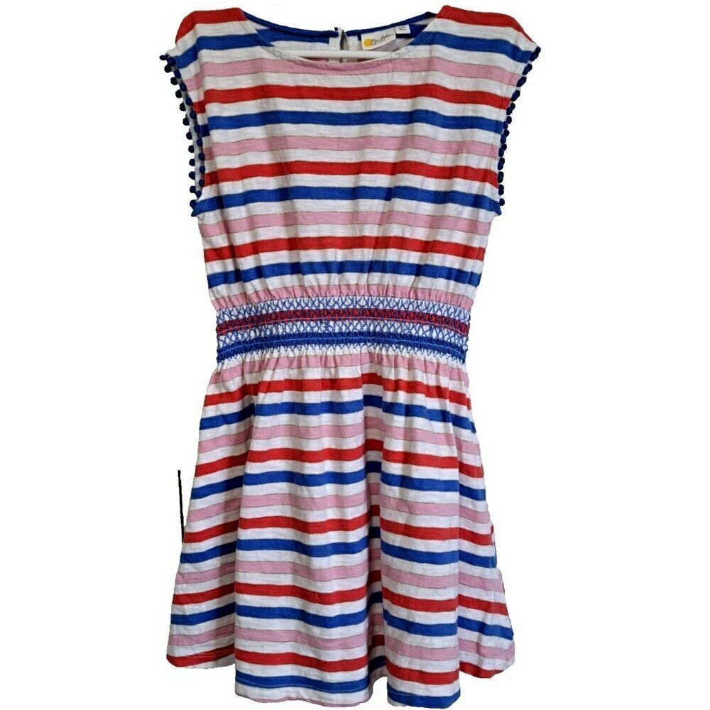 Mini Boden Girl's 6-7 Multicolor Striped Sleeveless Dress Smocking Pockets